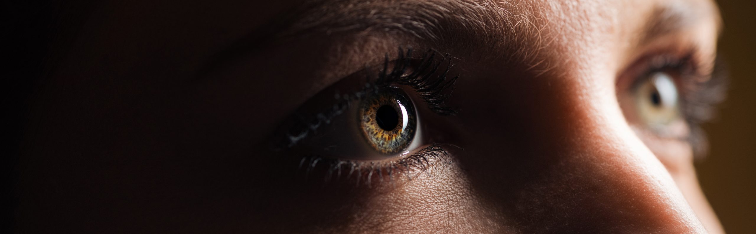 close up view of human eye looking away in dark, panoramic shot