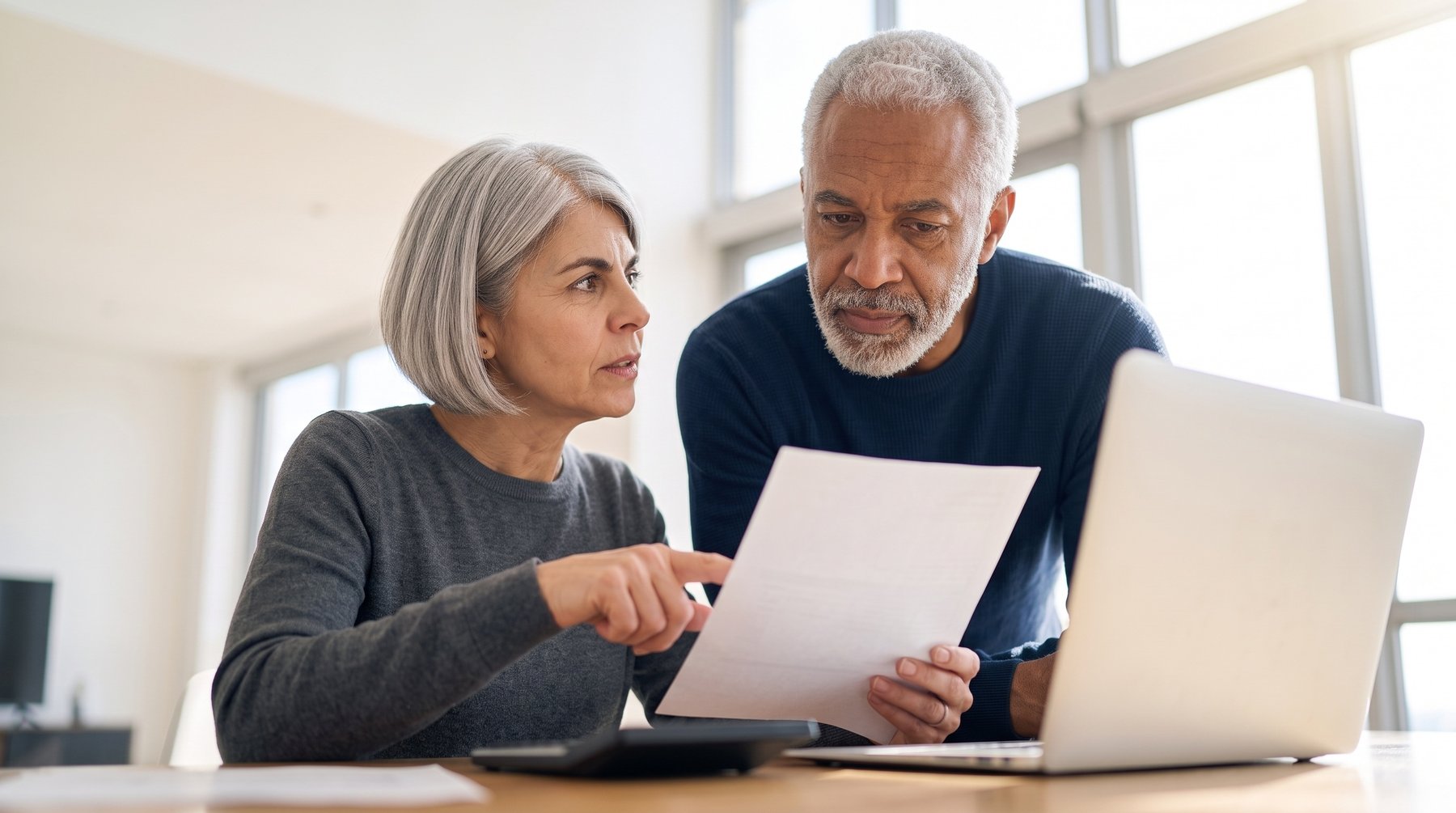 Senior couple comparing health coverage documents at a laptop